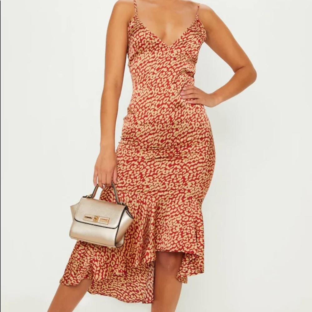 PrettyLittleThing red leopard frill hem midi dress